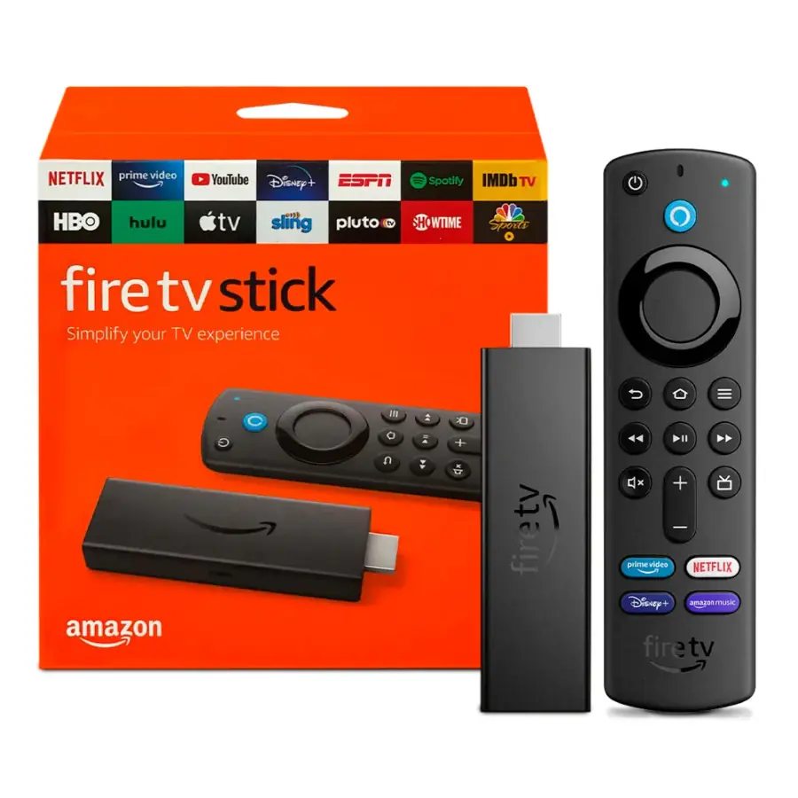 Fire TV Stick 4K mit Verpackung und Fernbedienung für die IPTV Smarters Pro APK
