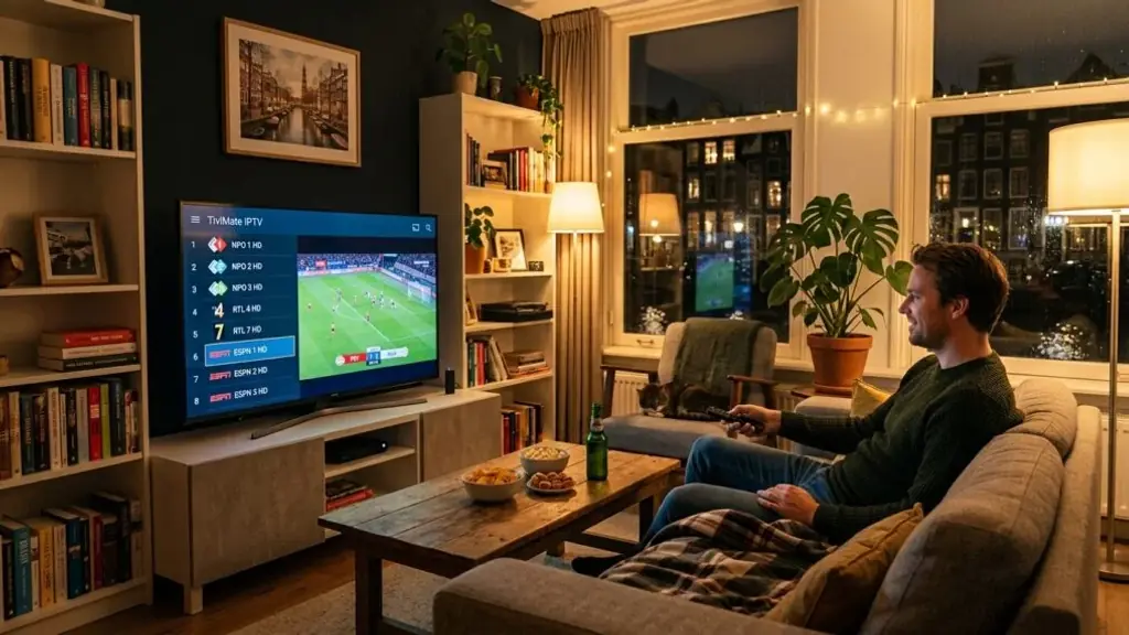 Mann schaut Fußball im Wohnzimmer, wenn IPTV am Abend ruckelt