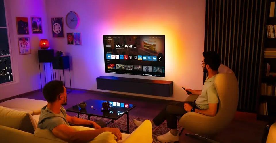 Moderner Smart TV im Wohnzimmer mit IPTV App und MAC-Adresse