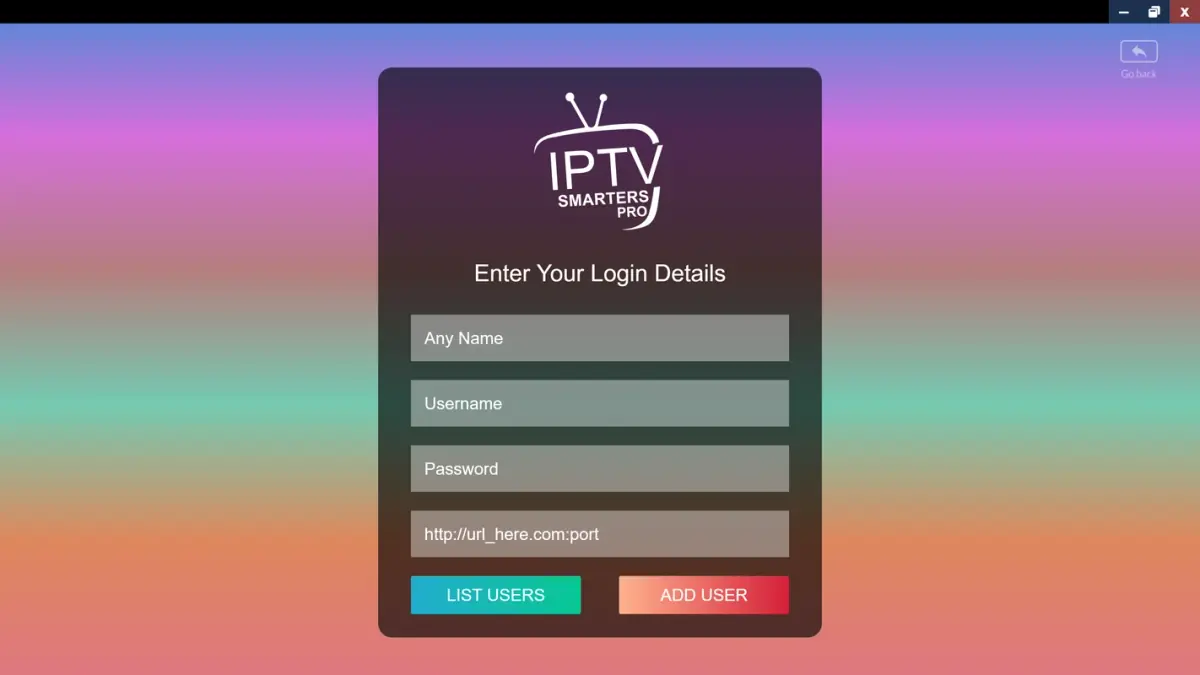 Login-Maske einer IPTV App mit Feldern für Server-URL, Benutzername und Passwort