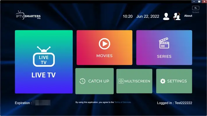 Startbildschirm von IPTV Smarters Pro mit Live TV, Filmen und Serien